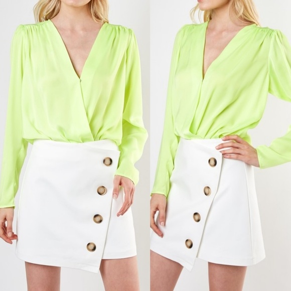 Luxe Label Tops - Neon Night Satin Surplice Bodysuit in NEON LIME